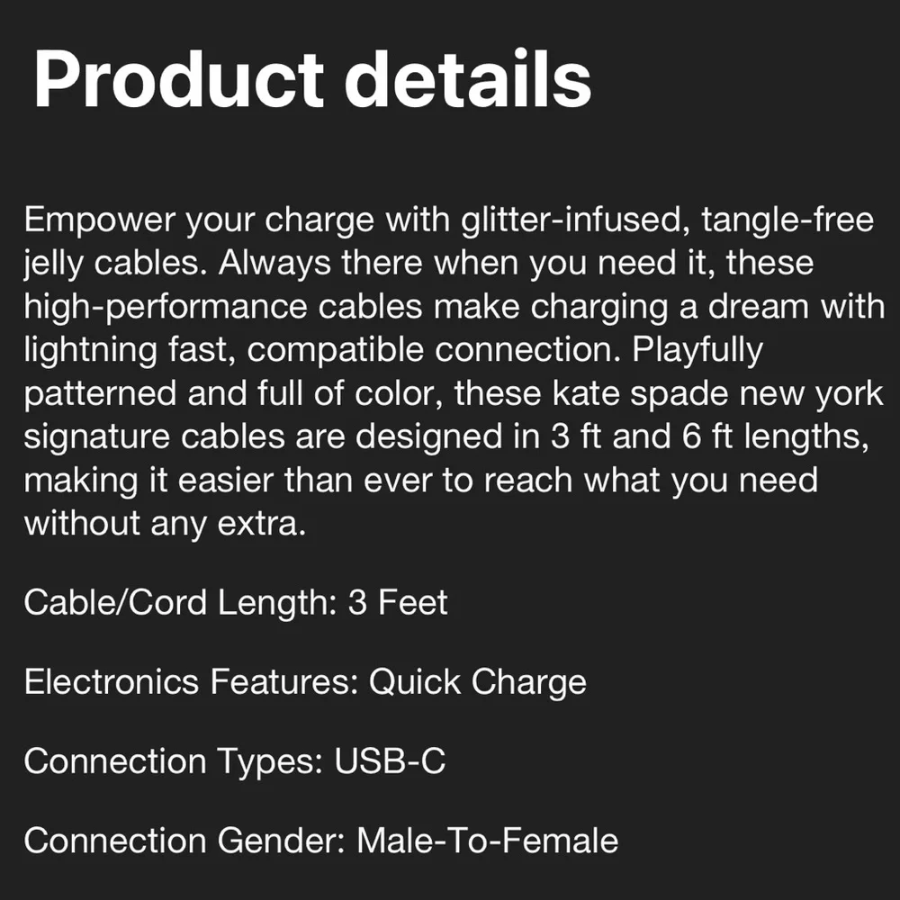 Kate Spade Black/Gold Lightening USB-C Jelly Cable - Picture 8 of 8